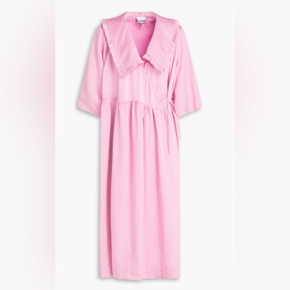 GANNI bubblegum pink 💓🌸🎀🍬Smocked Ruffle Collar Oversize Wrap Dress